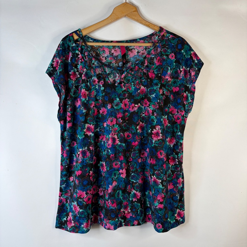 Pure Energy Floral Blouse Women 3 Pink Blue Strappy Lattice Neck Short Sleeve